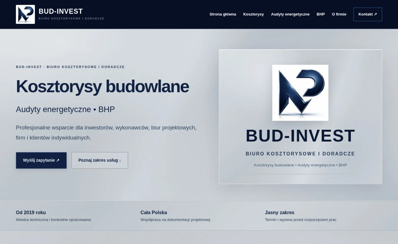 Rzeczywisty widok strony BUD-INVEST — biuro kosztorysowe i doradcze